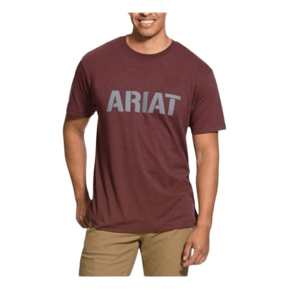 Ariat Rebar Cotton Strong Block Logo Graphic Tee Burgundy Crewneck Short Sleeve - Picture 1 of 12